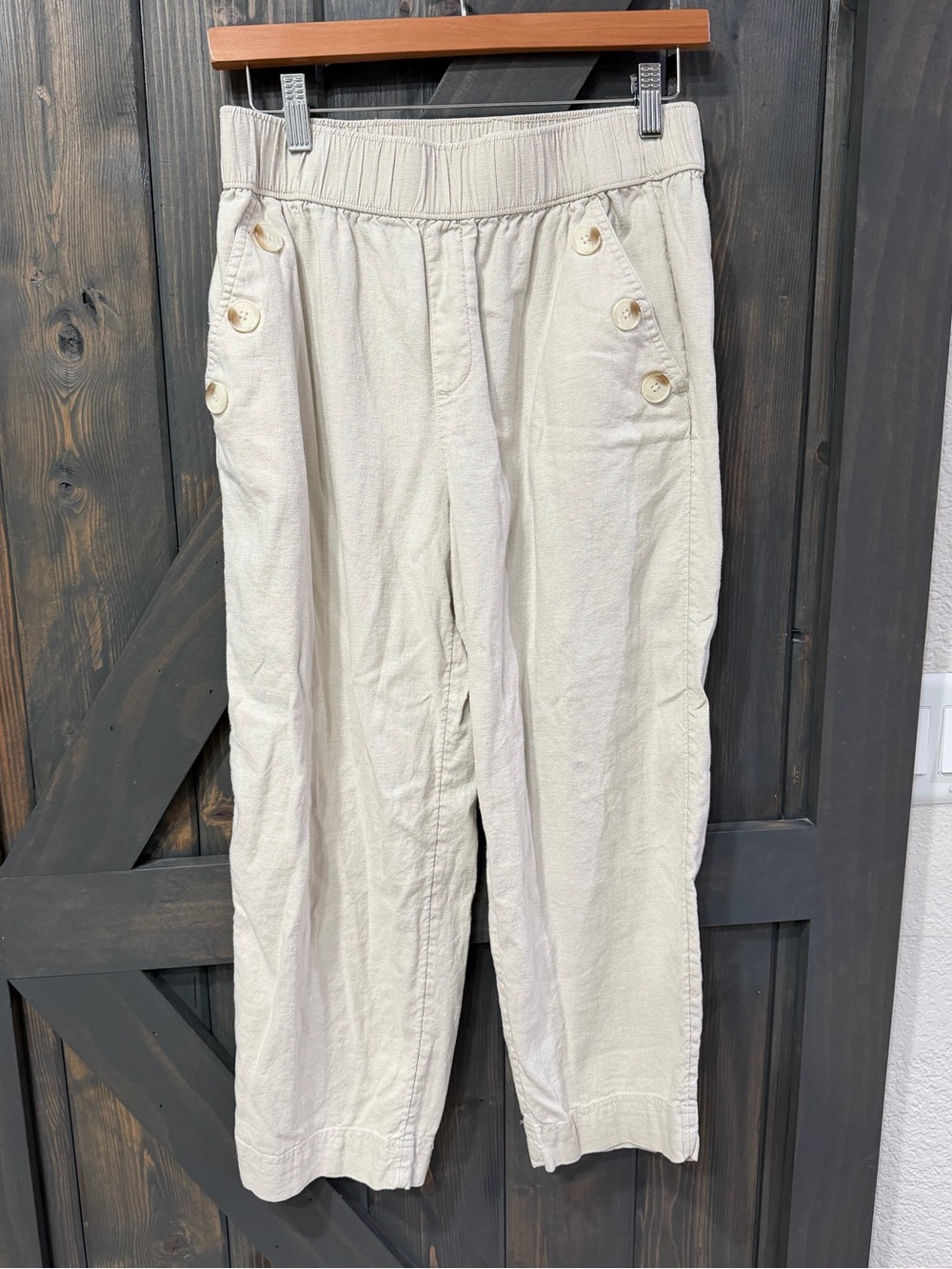 LOFT Cream Linen Button-Accent Pull-On Pants MP